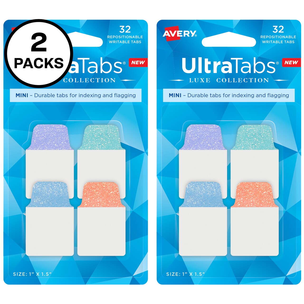 Avery Mini Ultra Tabs, 1&#x22; x 1.5&#x22;, Pastel Sparkle Shimmer Designs, 64 Repositionable Sticky Tabs (2 Pack of 74149)